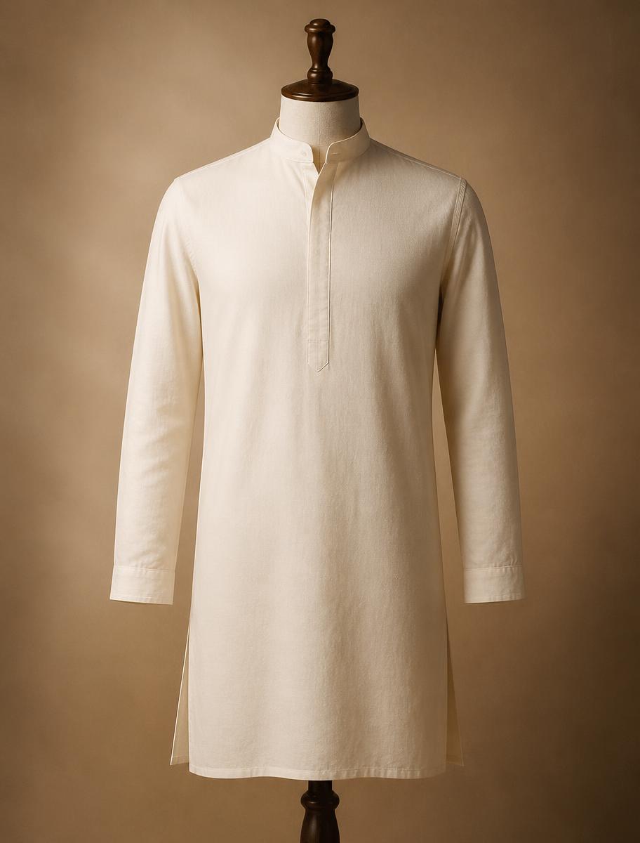 The Ivory Mandarin kurta dressed on a tailor's mannequin